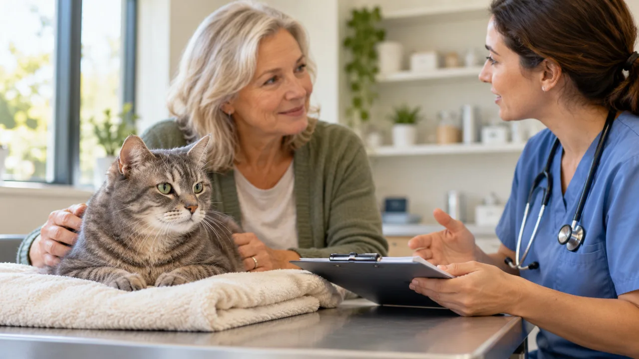 Cat supported by its owner while a veterinary professional discusses information on a tablet